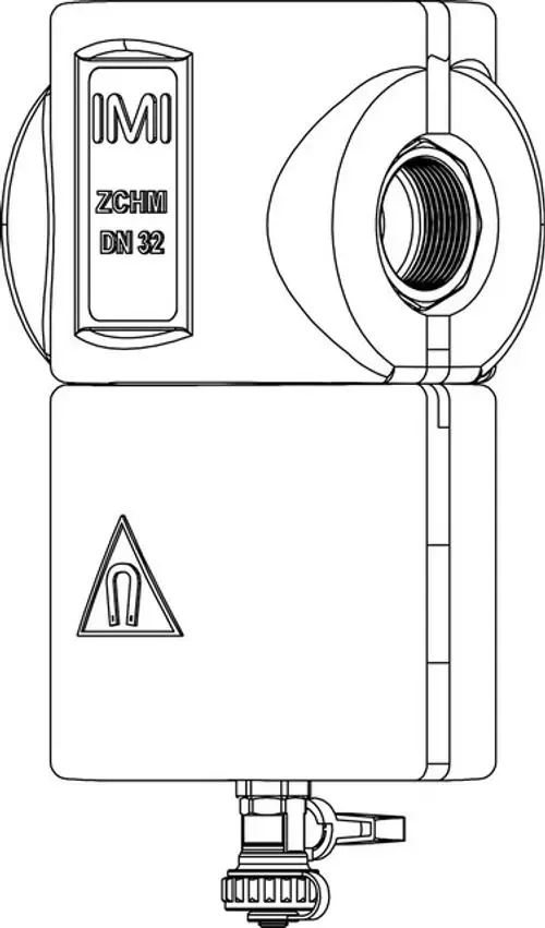 IMI Hydronic Engineering ZCHM, ein Gerät zur Trennung von Schmutz und Magnetit, mit Anschluss für DN 32 Rohrleitungen und Sicherheitswarnsymbol.